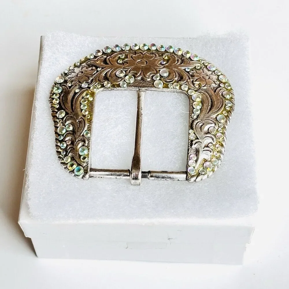 Western Belt Buckle Iridescent Aurora Borealis Rhinestones Y2K 90s Vintage Rodeo
